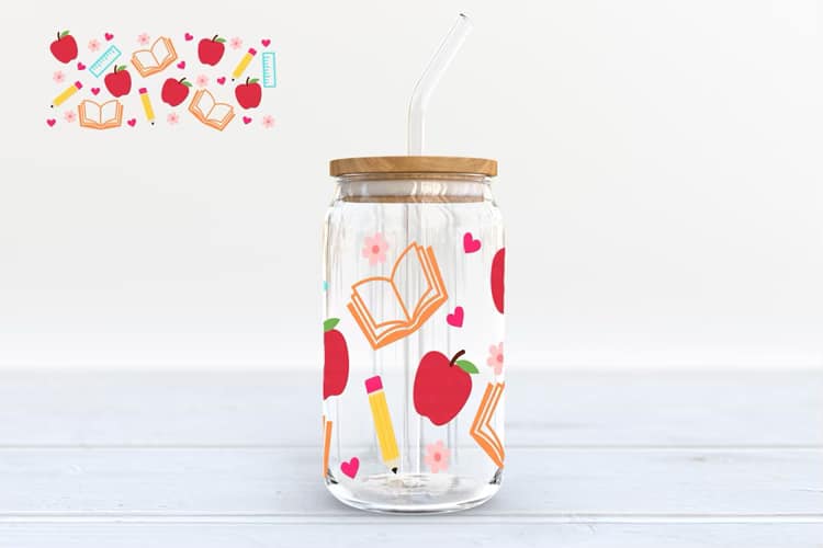Apples & Books  - 16oz glass can w/bamboo lid and straw