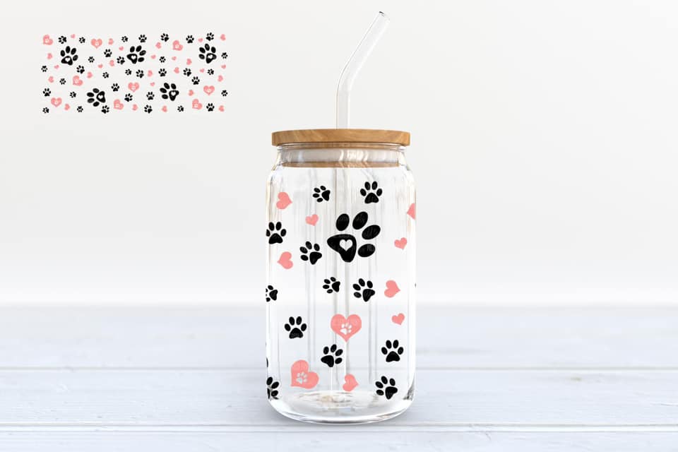 Puppy Paws & Hearts  - 16oz glass can w/bamboo lid and straw